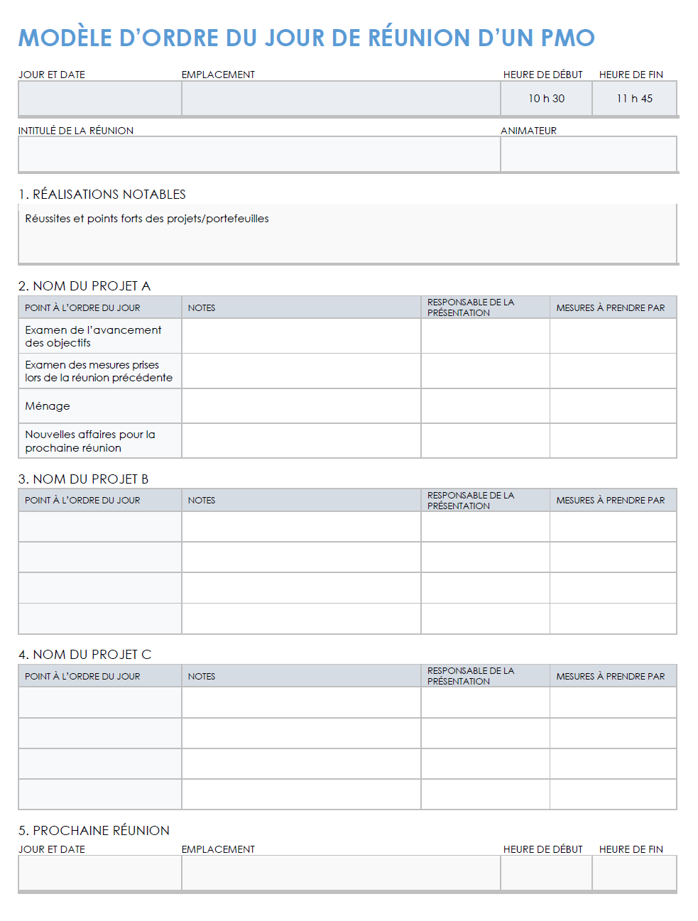  Modèle d'ordre du jour de réunion du PMO
