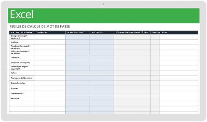 Feuille de calcul de mot de passe