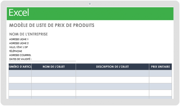 Modèle de liste de prix des produits