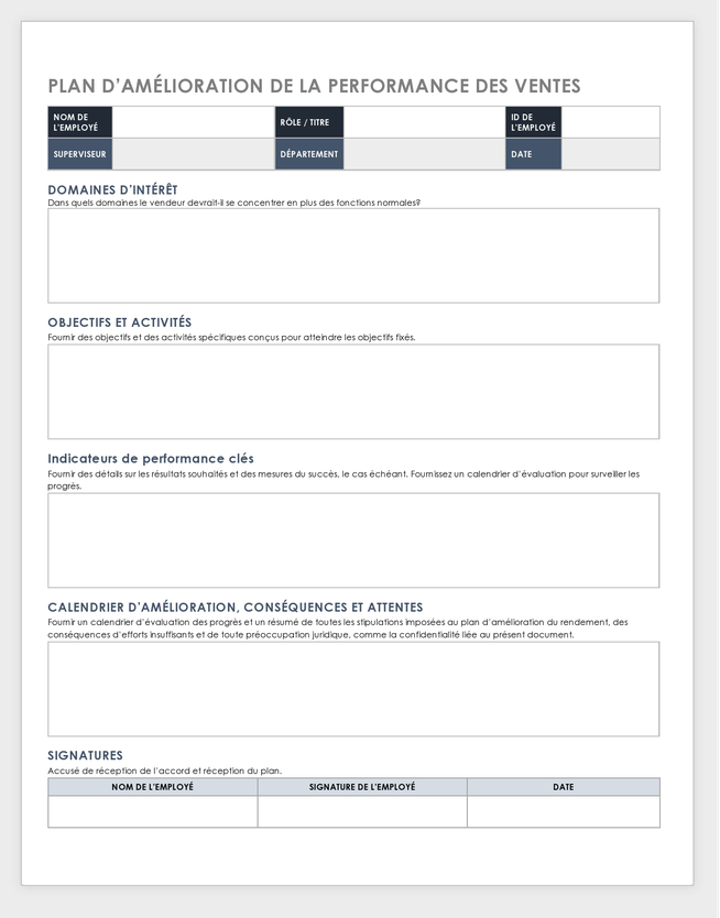 Sales Performance Improvement Plan Template-French