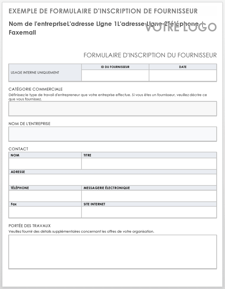 Exemple de formulaire d'inscription de fournisseur