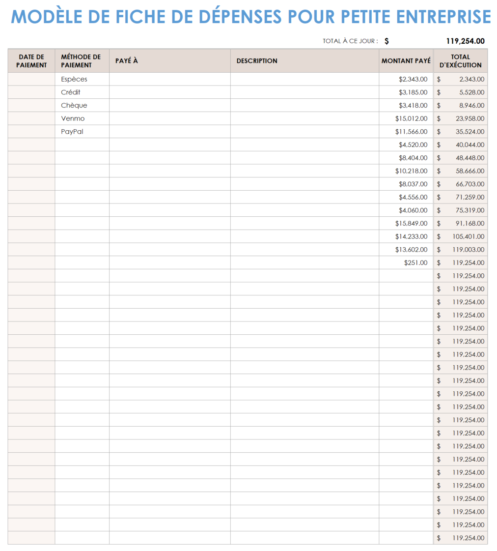 Feuille de dépenses des petites entreprises