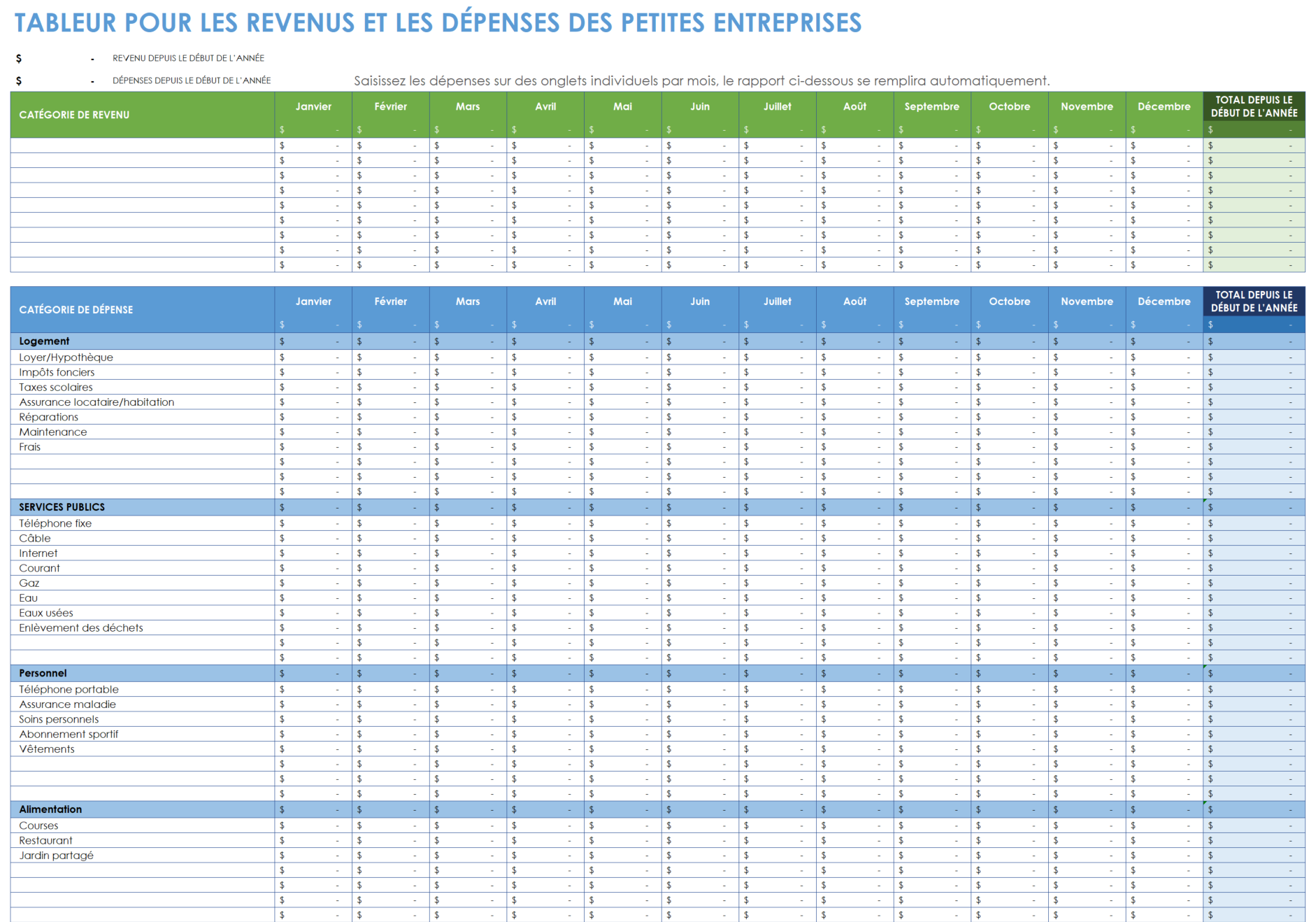 Feuille de calcul des revenus et dépenses des petites entreprises