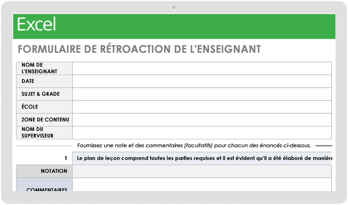 MODÈLE DE FORMULAIRE DE RÉTROACTION DES ENSEIGNANTS