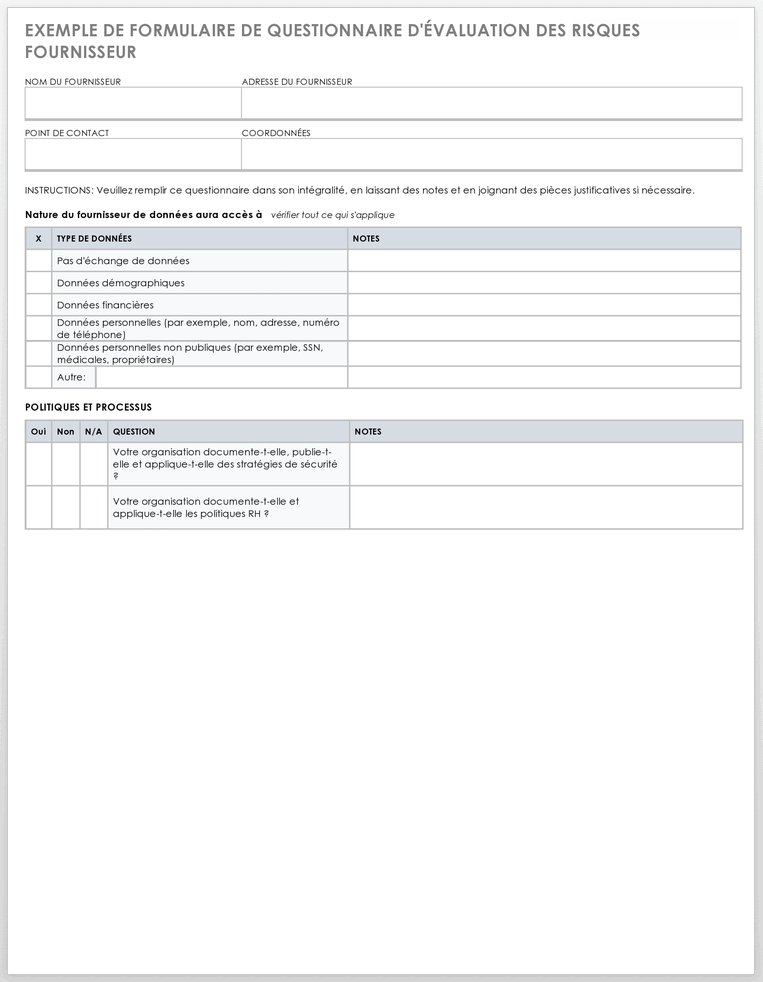 Exemple de formulaire de questionnaire d'évaluation des risques du fournisseur