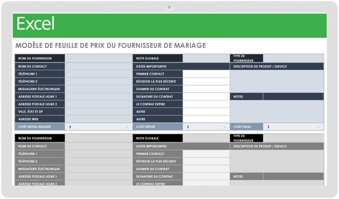 Modèle de comparaison des prix des fournisseurs