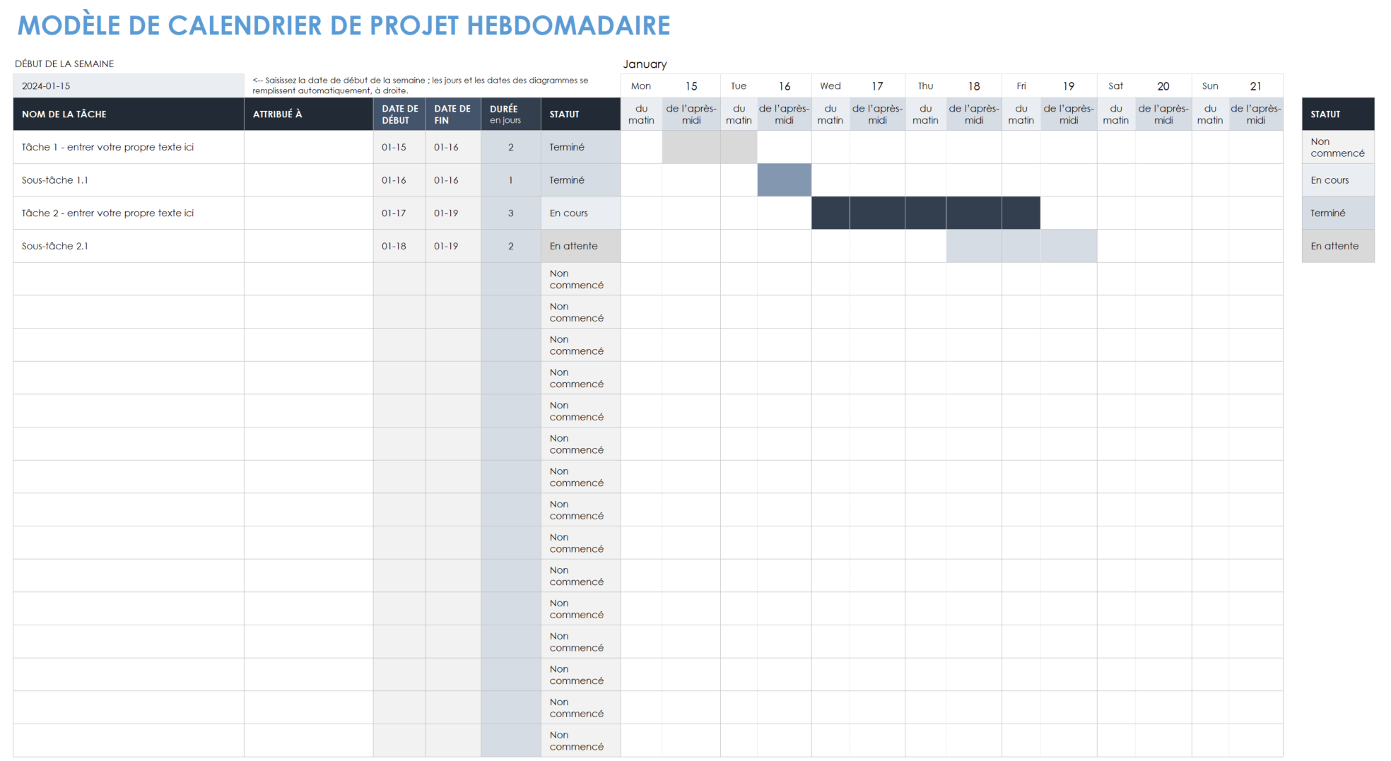 Modèle de chronologie hebdomadaire du projet