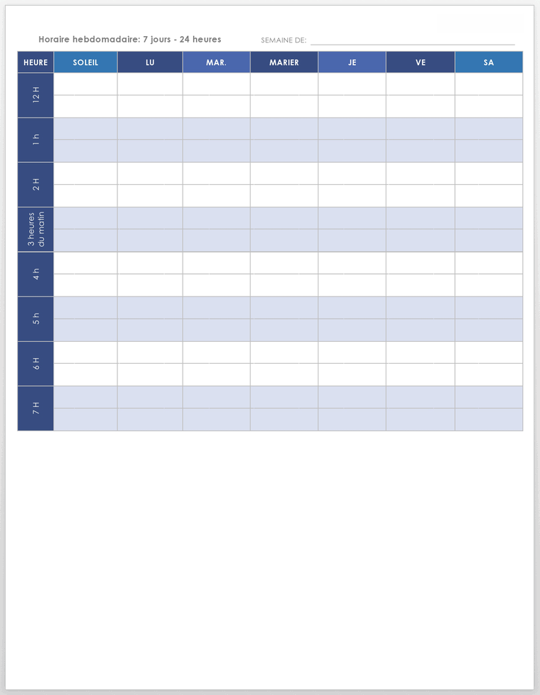Modèle de calendrier hebdomadaire imprimable de planification personnelle de travail Paysage