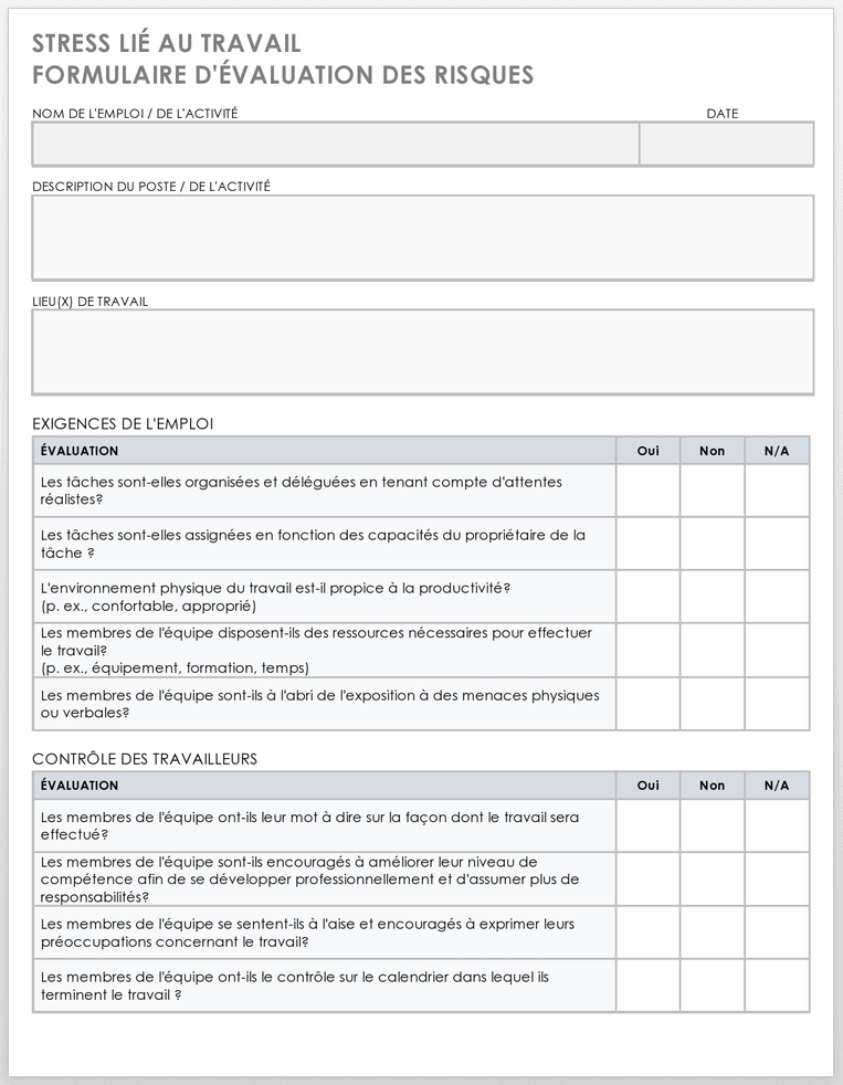 Formulaire d'évaluation des risques liés au stress lié au travail