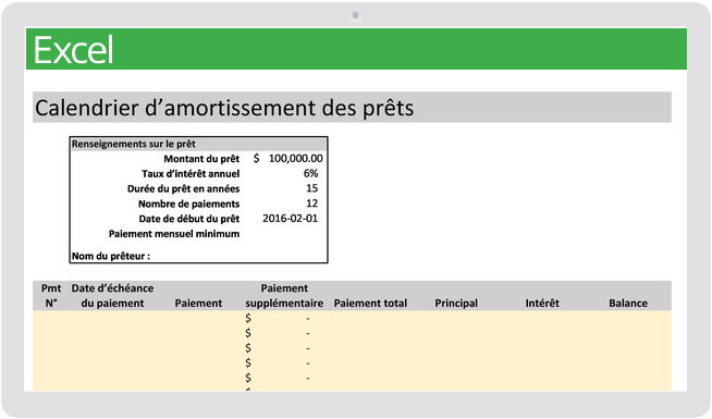 Modèle de calendrier d'amortissement des prêts