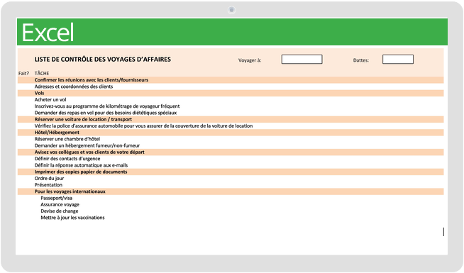 Modèle de liste de contrôle pour les voyages d'affaires