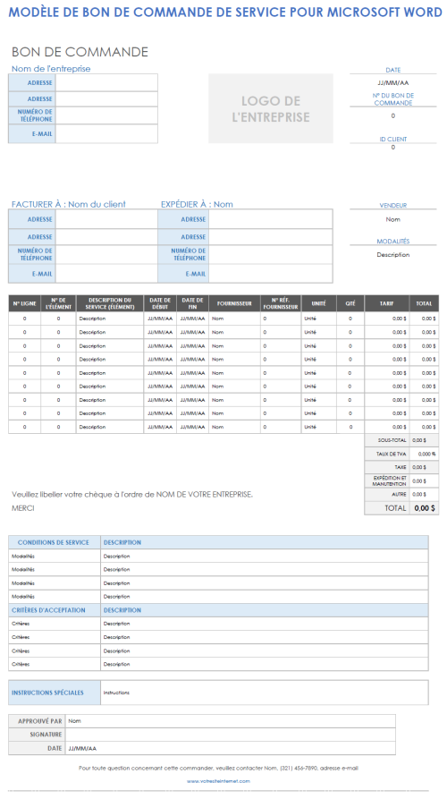 Modèles, formulaires et lettres gratuits de bons de commande pour ...